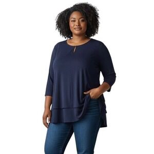 Lauren Ralph Lauren Keyhole Neck Navy Tunic Blouse‎ Sz M Elegant Holiday Mature